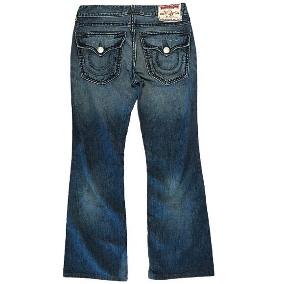 True Religion Billy Giant Big T Grey & Navy Blue Stitch Bootcut Y2K Rare Jeans - Picture 2 of 5